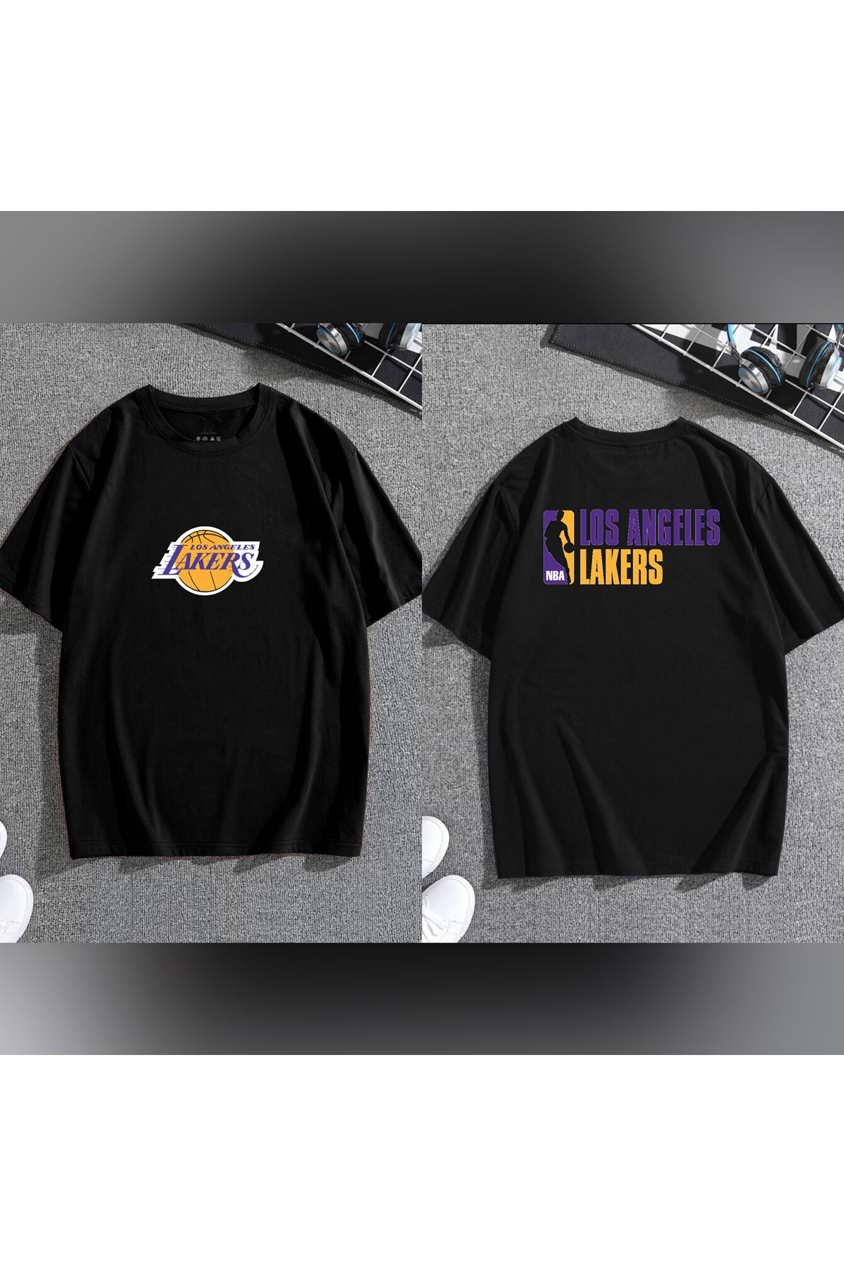 Oversize siyah Lakers ön arka baskılı tshirt  